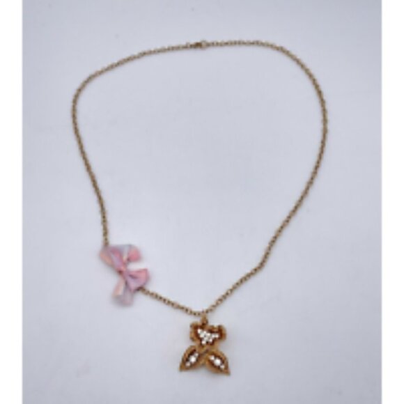 J. Crew Women Rhinestone Pendant Ribbon Necklace Gold Tone Chain Lobster Closure - Picture 2 of 5
